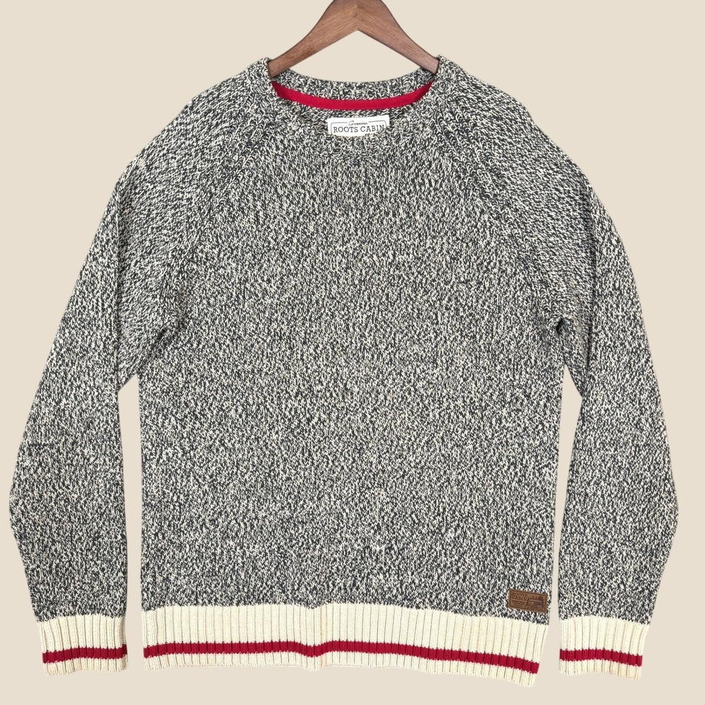 Roots Cabin Sweater Men XL Gray White Marled Cotton Blend Red Stripe Crewneck